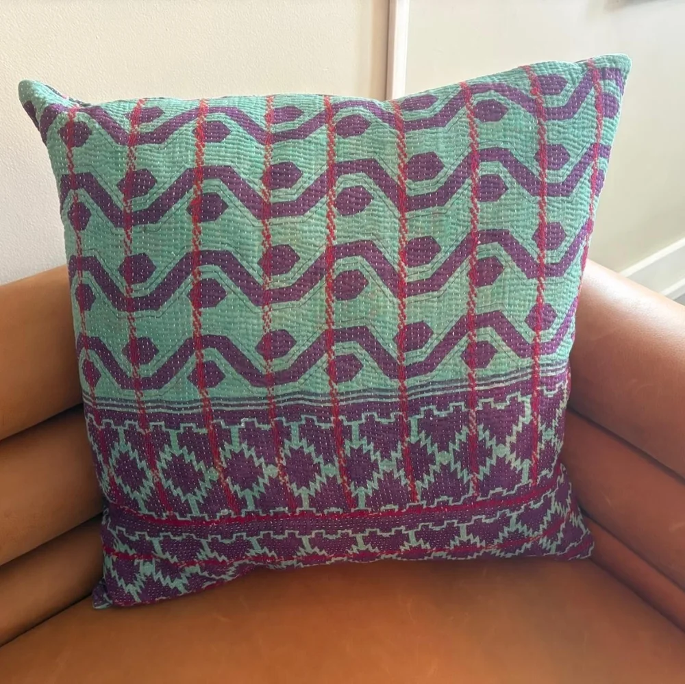 NWT Vintage One Of A Kind Sari Kantha Pillow-22in Purple/Turquoise